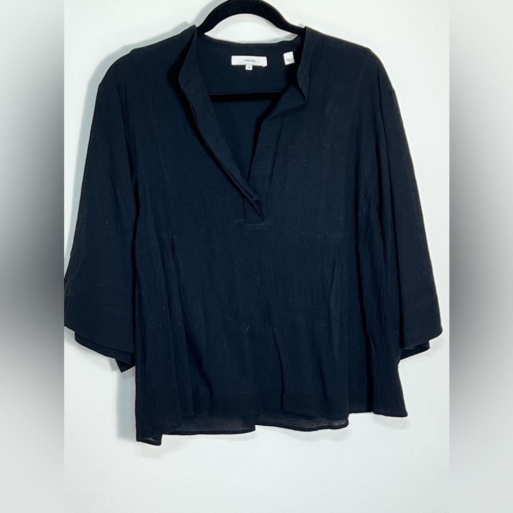 Vince Henley Linen Cotton Black 3/4 Sleeve Length Top Tunic Size Medium